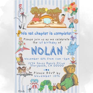 Editable Birthday Invitation Children Book Theme, Digital Template Printable, Animated Video for Online Sharing, Blue Pin Stripe, Book
