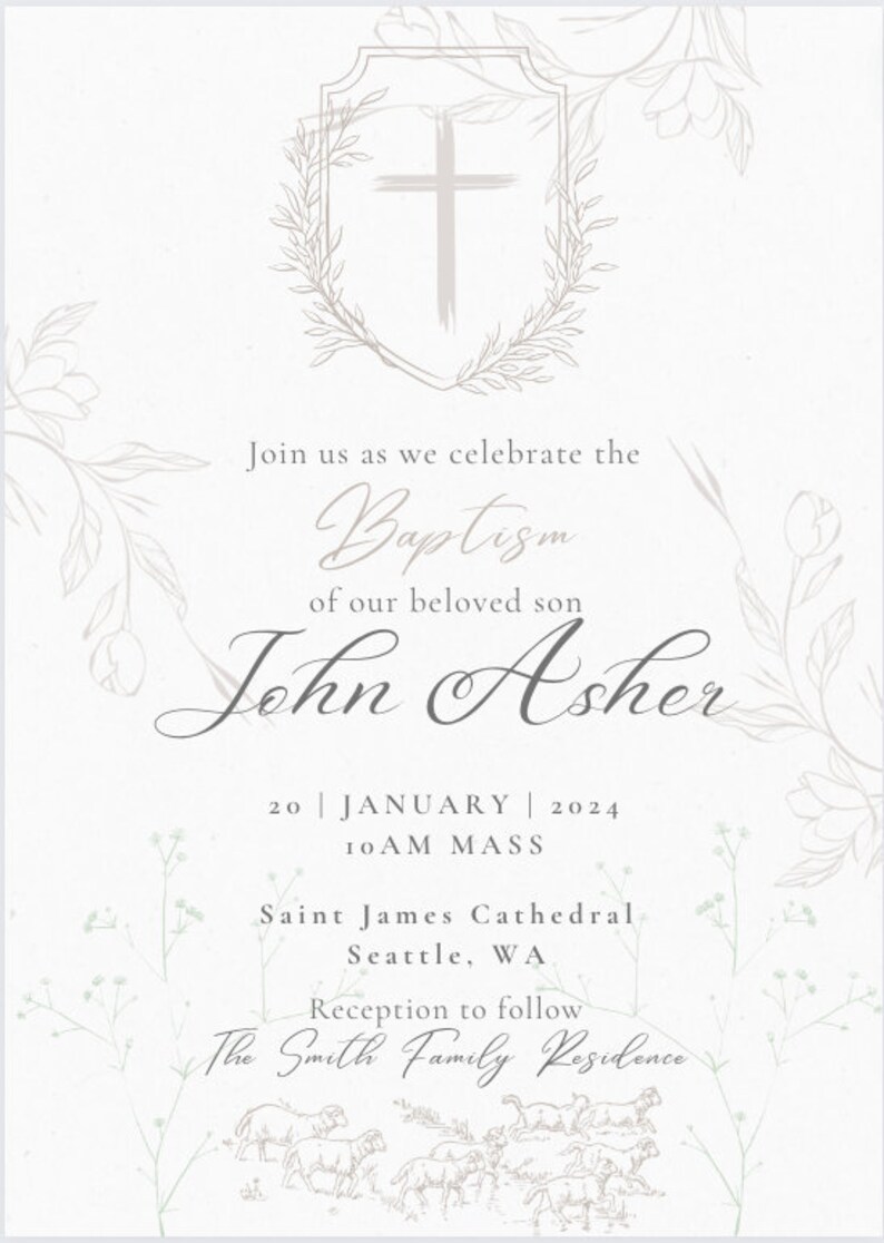 Editable Baptism Christening Invitation, Cross, Digital Template