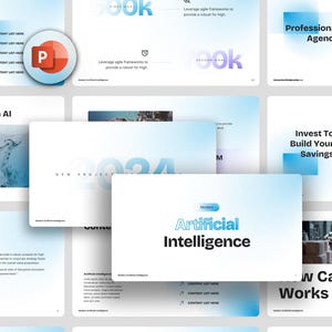 May include: A collection of digital presentation slides with a modern design. The slides feature a blue and white color scheme, with text and graphics related to artificial intelligence, business, and financial goals. The PowerPoint logo is visible.