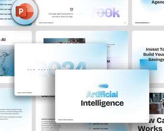 May include: A series of digital presentation slides in a modern style. The slides use a blue and white colour scheme, with text and graphics related to artificial intelligence, business, and financial goals. The PowerPoint logo is visible.