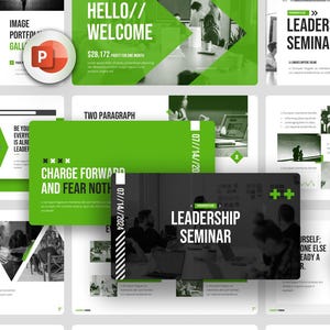 Pode incluir: Uma coleção de slides de apresentação com um esquema de cores verde e branco. Os slides apresentam texto como "HELLO// WELCOME", "LEADERSHIP SEMINAR" e "CHARGE FORWARD AND FEAR NOTH". Os slides também incluem gráficos e imagens de pessoas.