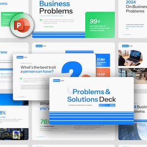 May include: A collection of presentation slides with a business theme. The slides feature titles like "Business Problems" and "Problems & Solutions Deck". The color scheme includes blue, green, and orange accents, with text and graphics.