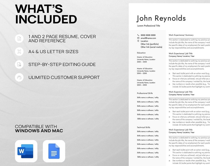 Featured listing image: Resume ATS Friendly Template for Microsoft Word and Google Docs - Cover Letter and References, Resume Template Instant Download, CV Template