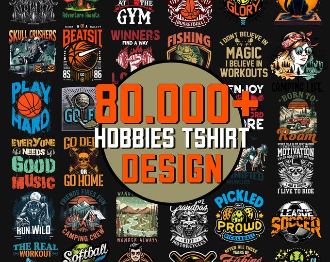 Featured listing image: 80.000+ Design SVG Bundle T shirt Design Bundle, Perfect for Print on Demand, Sports, Fitness, Camping, Softball, Soccer, Biker, Music