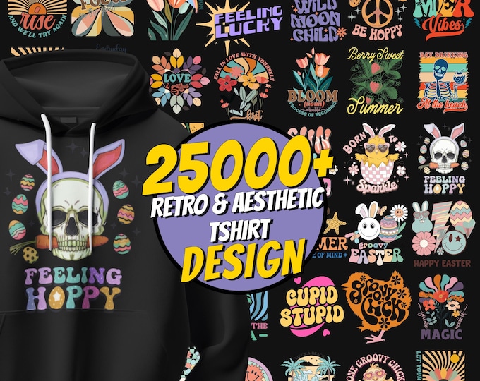 Featured listing image: 25.000+ Retro and Aesthetic T-Shirt Design Mega Bundle SVG - Vintage 80s 90s Style Graphics for Printing & DIY Fashion - png dxf ai