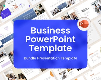 May include: A blue and white presentation template for PowerPoint. The text "Business PowerPoint Template" is in large white letters on a blue background. The text "Bundle Presentation Template" is in smaller white letters below the main text. The image shows a variety of slides with different layouts and designs.