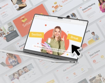 Puede incluir: Una pantalla de computadora portátil que muestra una diapositiva de presentación con una mujer sosteniendo libros y el texto "09:35 hope to be back in front of the screen". La diapositiva también tiene un globo de diálogo amarillo con la palabra "Break". La computadora portátil está rodeada de otras diapositivas de presentación con varios textos e imágenes.