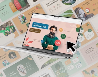May include: A laptop computer displaying a website with a man's headshot and the text "Hello, I'm Markus Snail" and several charts with percentages. The laptop is on top of a stack of papers with various images and text related to environmental sustainability.