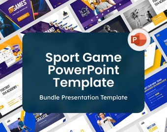 May include: A blue and yellow PowerPoint template for sports games. The template features a variety of slides with different layouts and designs. The text "Sport Game PowerPoint Template" is displayed in white on a dark blue background.