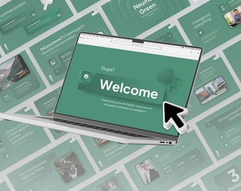 May include: A laptop computer with a green screen displaying a welcome message. The screen says "Guys? Welcome" and has a green background with a white border. The laptop is sitting on a table with a white surface. The laptop is surrounded by other slides with green backgrounds and white text.