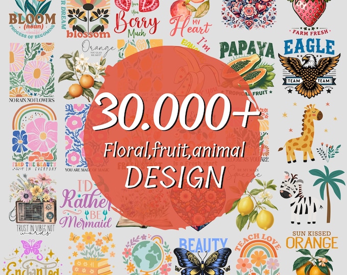 Featured listing image: 30.000+ Mega Bundle Boho Floral Fruit Animal for T-shirt Designs Pack, Boho Abstract Flowers Bundles, Ready to Download Shirt Prints