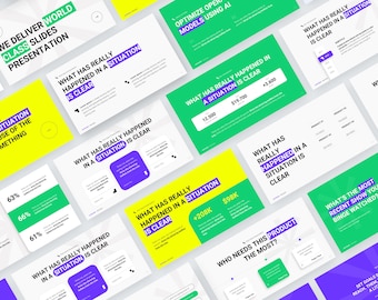 May include: A collection of colorful slides with text that reads "What has really happened in a situation is clear." The slides are arranged in a diagonal pattern and feature a variety of colors, including yellow, green, and purple.