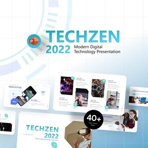 Op de afbeelding: Een digitale presentatiesjabloon getiteld TECHZEN 2022 Modern Digital Technology Presentation. De lay-out bevat meerdere diavoorbeelden met blauwe en witte kleurenschema's, inclusief tekstplaatshouders, iconen en technologieafbeeldingen.