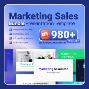 May include: A digital marketing sales presentation template bundle featuring the text Marketing Sales Bundle Presentation Template and 980+ Total Slide. The graphic includes icons for motion slides, sections, infographics, charts, and lifetime access.