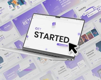 May include: A laptop computer screen displaying a website with the text "GET STARTED" and a button that says "JUST GO & START". The laptop is on top of a purple and white background with various text and images.