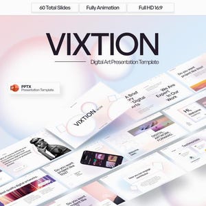 Pode incluir: Um modelo de apresentação de arte digital intitulado "VIXTION". O design apresenta um layout moderno com vários slides, incluindo "A Brief Digital Arts" e "We Are Expert In Our Work". O modelo inclui um telefone e o texto "PPTX Presentation Template".