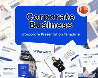 May include: A blue and white presentation template for corporate business. The template features a variety of slides with different layouts and graphics. The text on the slides includes the words "Corporate Business", "Corporate Presentation Template", "Forward", "Market Plan", "Professional", "Revenue Growth", "The Corporate Statistic", "Set Goals", and "Key to Mutual Success".