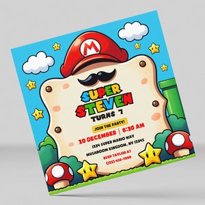 Invito personalizzabile per la festa di compleanno di Super Mario Bros / Biglietto d'invito a tema Mario Bros / Modello modificabile di Mario per feste di compleanno per bambini