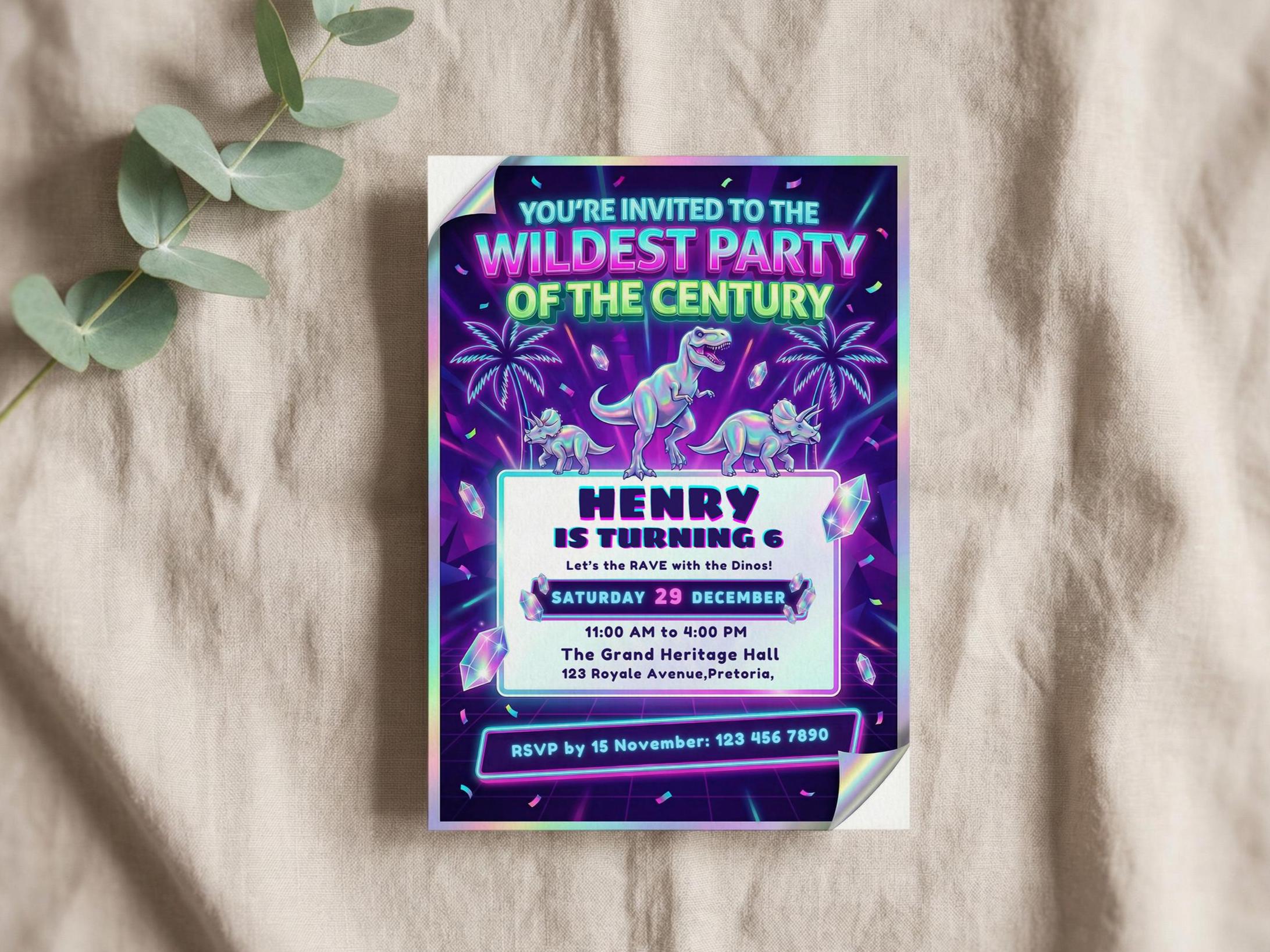 Kids Rave Invite Editable Dinosaur Rave Birthday Invitation Canva Template Neon Glow T ...