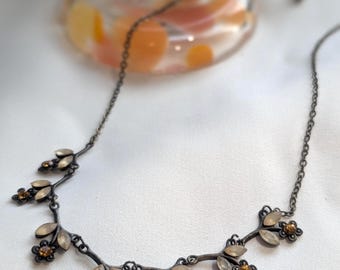 Delicate Leaf and Flower Necklace, Dark Metal, Amber and Beige Rhinestones, Retro Romantic, Botanical Jewelry, Vintage Gift for Her