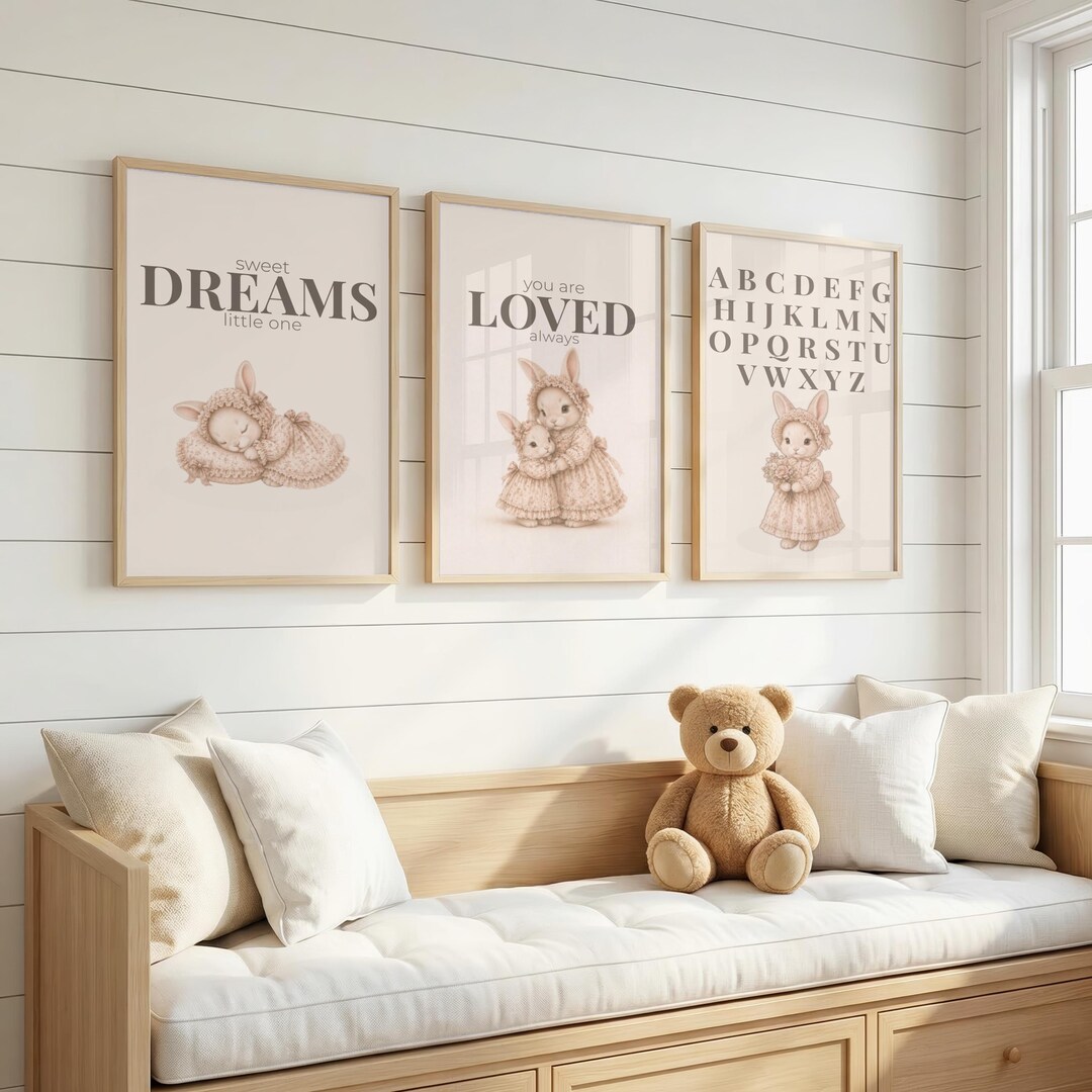 Neutral Bunny Nursery Wall Art Set of 3, Baby Girl Room Decor, Vintage ...