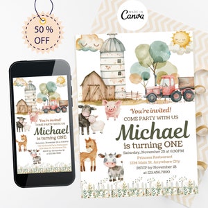 Farm Birthday Party Invitation Template, Farm Animals Birthday Invitation, Farm Birthday, Barnyard, Printable, 1st Birthday, Birthday