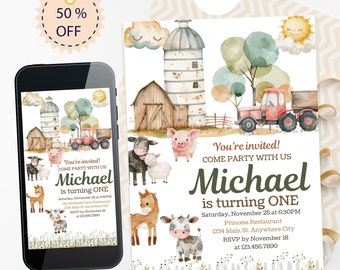 May include: A watercolor-style invitation for a farm-themed first birthday party. The invitation features a red tractor, a silo, a barn, and various farm animals, including a pig, a cow, a horse, and a sheep. The text on the invitation reads "You're invited! Come party with us Michael is turning ONE Saturday, November 25 at 6:30PM Princess Restaurant 1234 Main St. Anywhere City RSVP by November 18 at 123.456.7890".