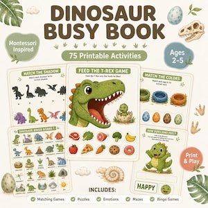 Könnte beinhalten: Ein Dinosaurier-Beschäftigungsbuch für Kinder im Alter von 2-5 Jahren mit 75 druckbaren Aktivitäten. Das Buch enthält Zuordnungsspiele, Puzzles und Labyrinthe. Das Cover zeigt den Text "DINOSAUR BUSY BOOK" und "Print & Play".