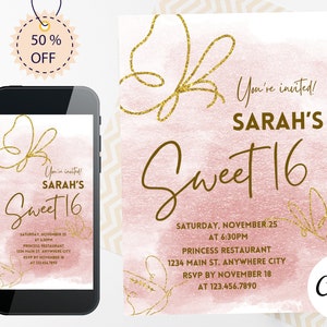 Sweet 16, Editable Invitation, Digital Invitation, Printable Invitation, Party Invitation, Sweet Sixteen, Quinceañera, Pink Gold Butterfly