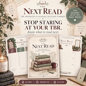 May include: A reading planner titled The Next Read TBR Organizer & Reading Decision Planner. The cover features a stack of books, a vase, a mug, and glasses. Includes pages for a reading queue and a waiting list, with text about reading.