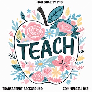 Retro Teach Png, Design De Sublimação, Floral Teacher Png, Boho Sublimation, Apple Png, School Png, Shirt Design, Instant Download Png, DTF