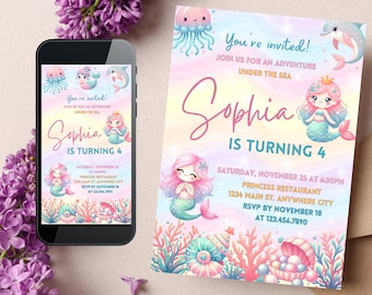 Editable Mermaid Birthday Invitation, Pink Mermaid Invite, Under the Sea Birthday Invitation, Printable Mermaid Invite, Mermaid Invite