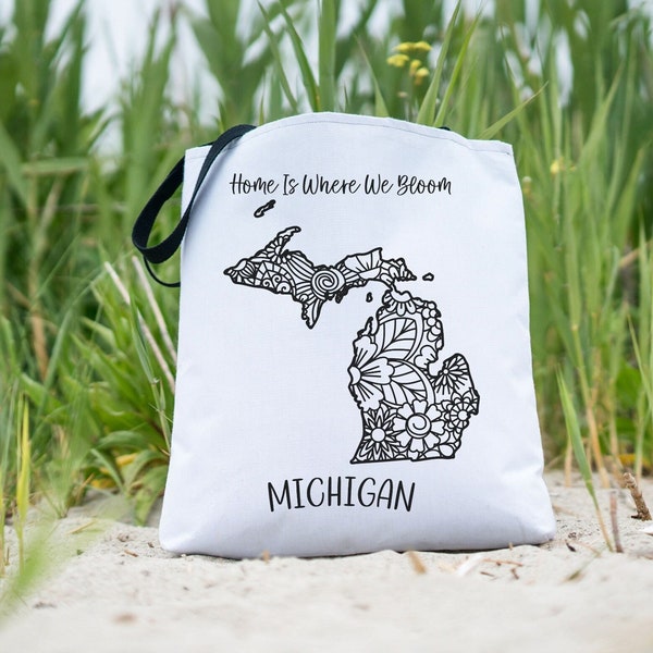 Michigan Floral Tote Bag Reusable Shopping Bag State Pride Gift Unique Shoulder Bag Housewarming Gift Floral Mandala Tote