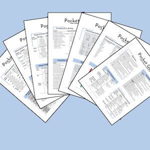 May include: A collection of printable pocket guides for occupational therapists. The guides cover topics such as fine motor skills, pencil grasp patterns, range of motion, and levels of assistance. The guides are printed on white paper and have a black and white design.