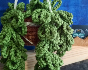 Crocheted Hanging Plant - Green Shaggy Vines in Terracotta Pot, Boho Wall Decor