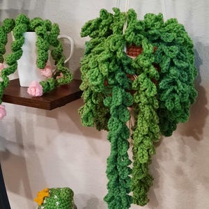 Könnte beinhalten: Gehäkelte Hängepflanze mit kaskadierenden grünen Blättern. Ein kleinerer gehäkelter Kaktus mit einer gelben Blüte sitzt in einer weißen Tasse. Eine weitere weiße Tasse enthält eine gehäkelte Pflanze mit rosa Blüten. Alles wird auf einem dunkelbraunen Regal ausgestellt.