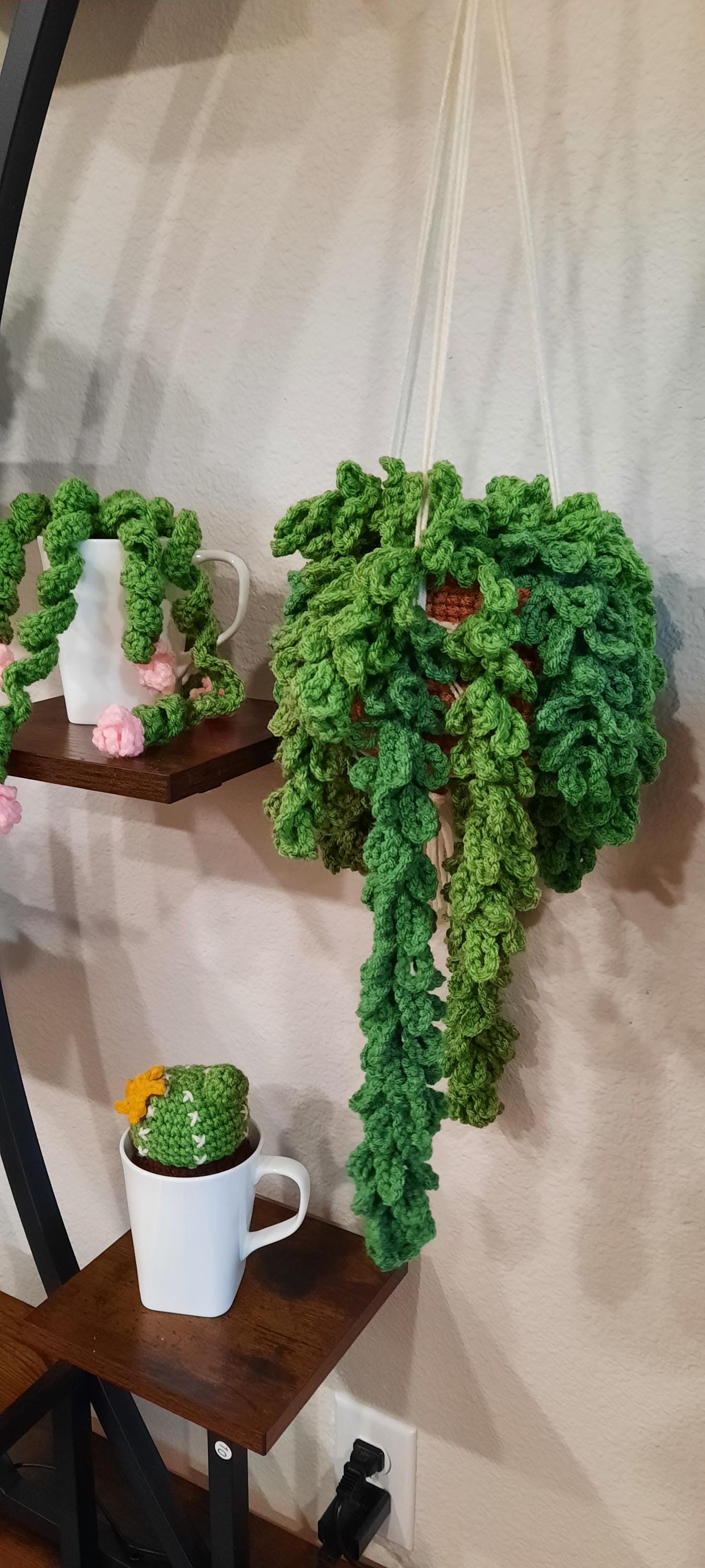 Large Crocheted Hanging Plant - Long Green Vines in Terracotta Pot with Bead Accents - Boho Decor