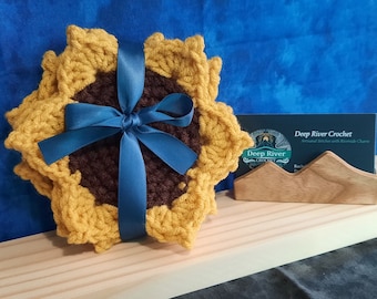 Handmade Crocheted Sunflower Coasters - Set of 4, Rustic Floral Drink Mats