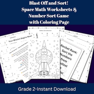 Grade 2 Math Worksheets & Space Game | Addition, Subtraction, Mixed Practice, Rocket Rank Number Sort, Coloring Borders, PDF Printable