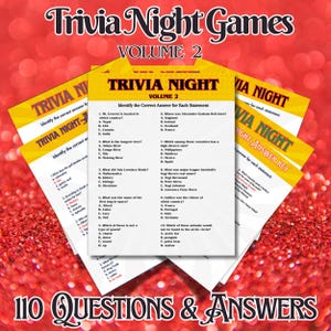 Pub Trivia Games Bundle, Trivia Night, 110-Question Trivia Night Printable Packet Volume 2 | General Knowledge Game with Color-Coded Answers