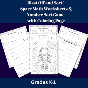 Blast Off and Sort! Space-Themed Math Worksheets & Number Sequence Game-Printable Addition, Subtraction Practice, Coloring Page-Grades 1–2
