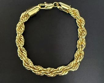 Pulsera de cuerda dorada de 8 mm, talla 8 / Chapada en oro de 14 quilates (5 % de oro unido sobre acero inoxidable) / No se empaña / NO es oro macizo