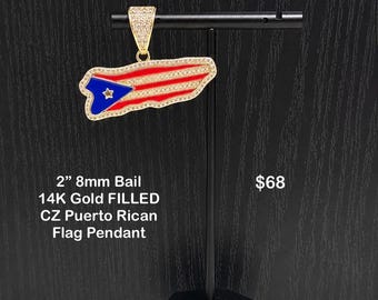 14K Gold FILLED 2” 8mm Bail Puerto Rican Flag Pendant (143)