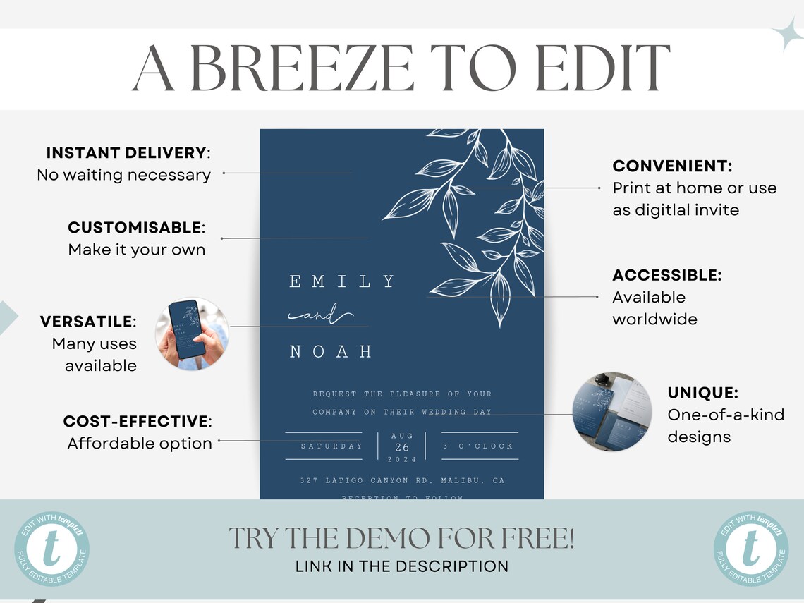 Navy Wedding Invite Template Custom Wedding Invitation Instant Download ...
