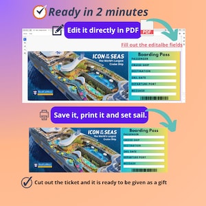Carte d'embarquement pour une croisière Icon Of The Seas | Modifiez et imprimez un fichier PDF en 2 minutes | Carte d'embarquement personnalisable | Cadeau imprimable | Royal Caribbean