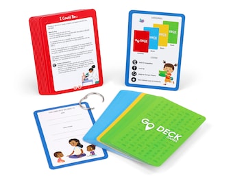 May include: A card game set featuring a red deck titled I Could Be, a blue instruction card, a white ownership card, and a stack of green, yellow, and blue cards with the Go Deck Games logo. A metal ring is included to hold the cards together.