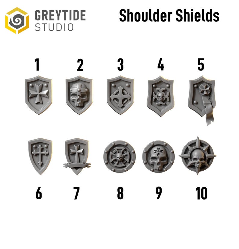 May include: A collection of ten gray shoulder shields with various designs, including crosses, skulls, and geometric patterns. The shields are numbered 1 through 10 and are likely for miniature figures or cosplay.