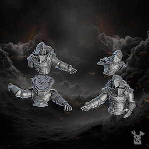 May include: Four grey miniature knight armour busts are displayed against a dark, stormy background. Each bust features detailed armour with a helmet, shoulder pads, and articulated arms, ideal for tabletop gaming or model enthusiasts.