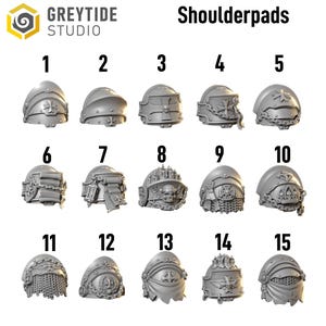 May include: A collection of fifteen grey shoulder pads, each with a unique design. The shoulder pads are numbered and feature various embellishments, including crosses, chains, and skull motifs. The text "Shoulderpads" is displayed above the items.