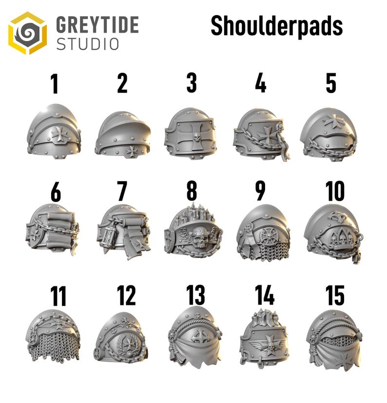 May include: A collection of fifteen grey shoulder pads, each with a unique design. The shoulder pads are numbered and feature various embellishments, including crosses, chains, and skull motifs. The text "Shoulderpads" is displayed above the items.